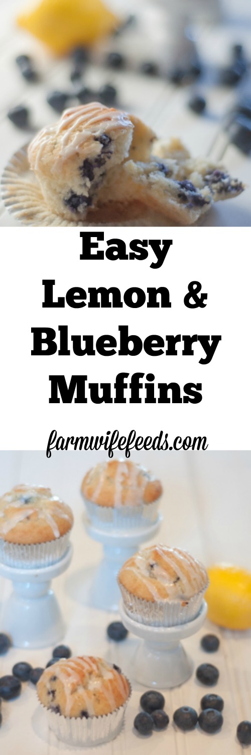 Easy Lemon and Blueberry Muffin Recipe using a box mix with a tart lemon glaze!