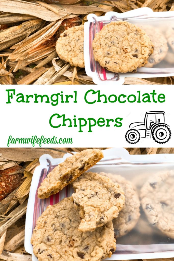 Farmgirl Chocolate Chippers from Farmwife Feeds are a settle oatmeal version of chocolate chip cookies. #oatmeal #chocolatechip #cookie #recipe