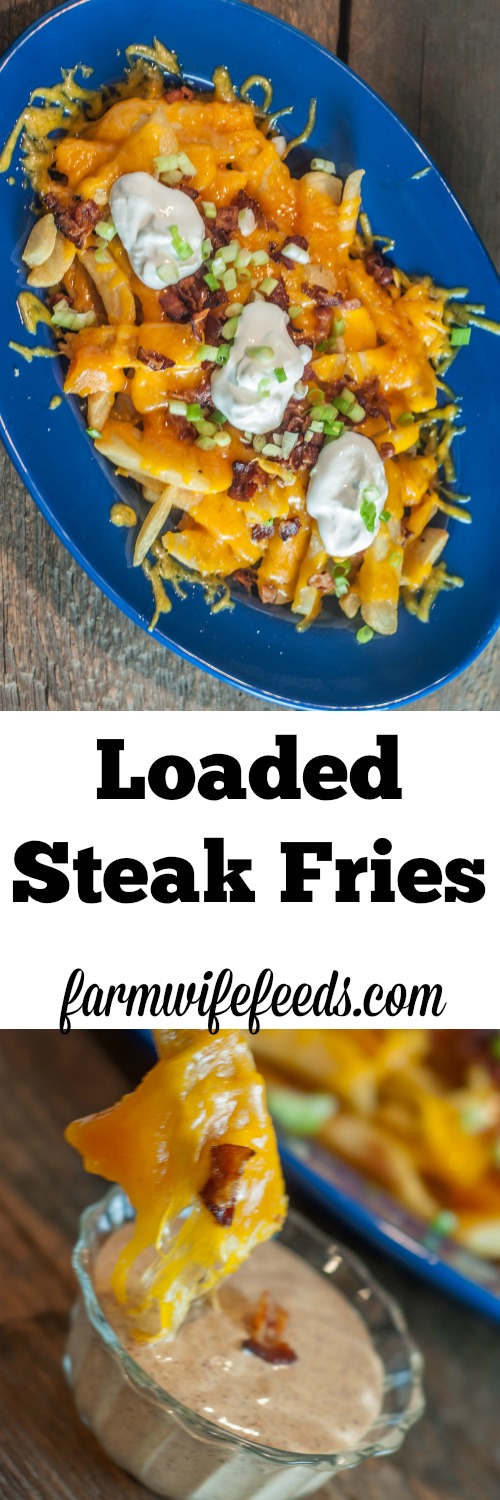 These Loaded Steak Fries are the ultimate side for meat off the grill. With cheese and bacon you can't go wrong, did I mention the amazing dripping sauce?