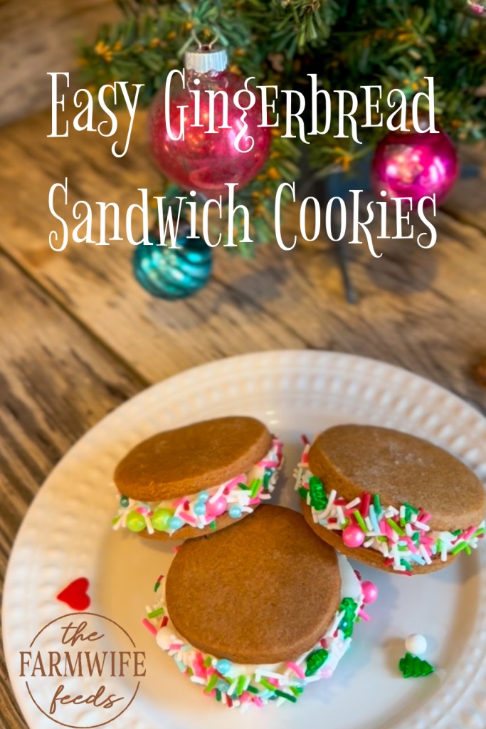 Gingerbread sandwich cookies with Pillsbury dough, vanilla frosting, and holiday sprinkles, displayed with Christmas decor.