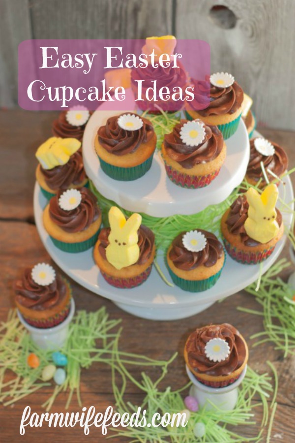 Easy Easter Cupcake Ideas from Farmwife Feeds uses box cake mix with spring decorations that anyone can make! #easter #cupcakes #spring