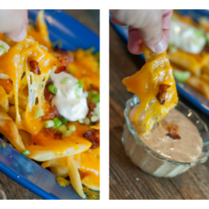 These Loaded Steak Fries are the ultimate side for meat off the grill. With cheese and bacon you can't go wrong, did I mention the amazing spicy Ranch dripping sauce?
