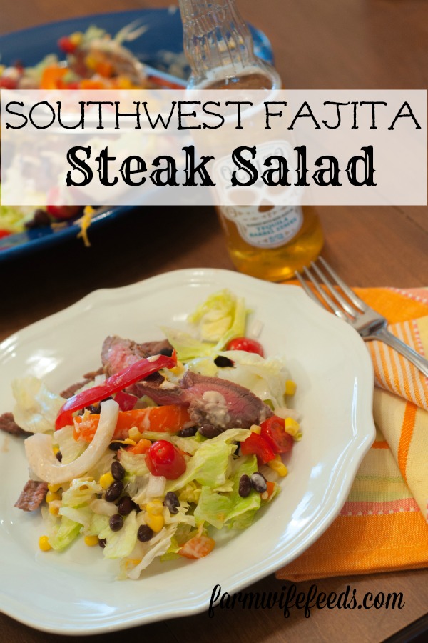 Southwest Fajita Steak Salad from Farmwife Feeds is a marinated flank steak grilled on top of a filling well balanced salad! #salad #beef #recipe #marinade