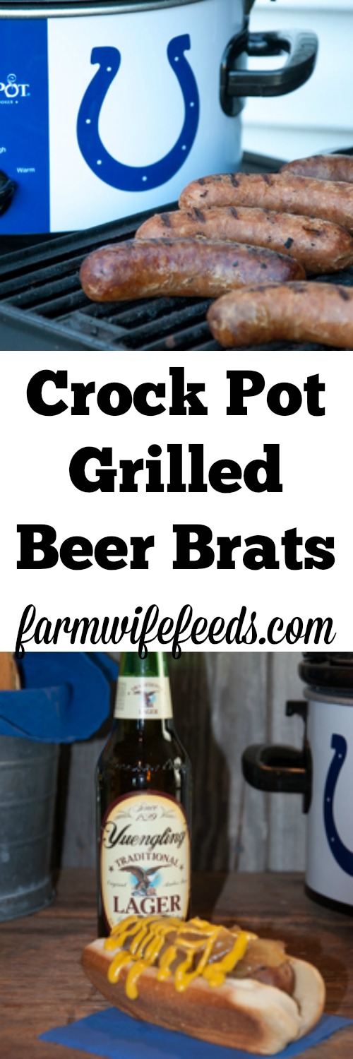 Crock Pot Grilled Beer Brats for that full cooked flavorful bratwurst with that grilled taste from Farmwife Feeds #grill #brat #beer #recipe