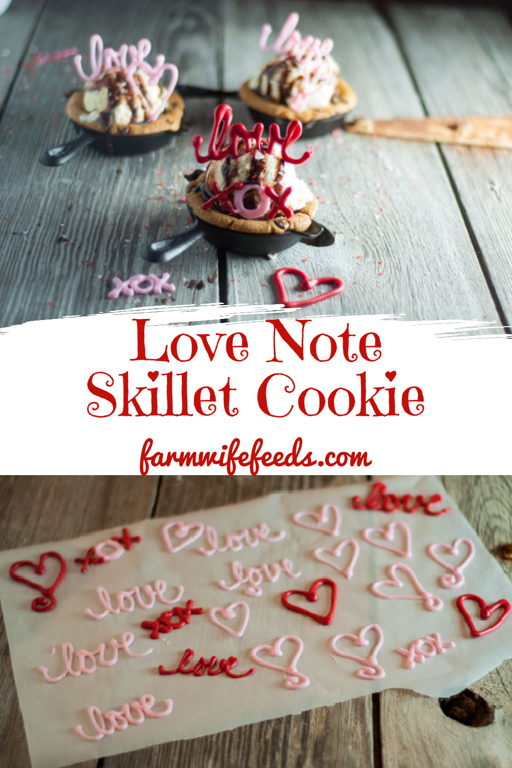 Love Note Skillet Cookies from Farmwife Feeds are a fun way to get the whole family involved in an inexpensive fun Valentines Day Treat! #valentine #cookie #chocolate