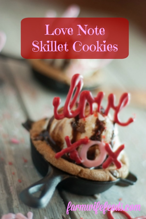 Love Note Skillet Cookies from Farmwife Feeds are a fun way to get the whole family involved in an inexpensive fun Valentines Day Treat! #valentine #cookie #chocolate