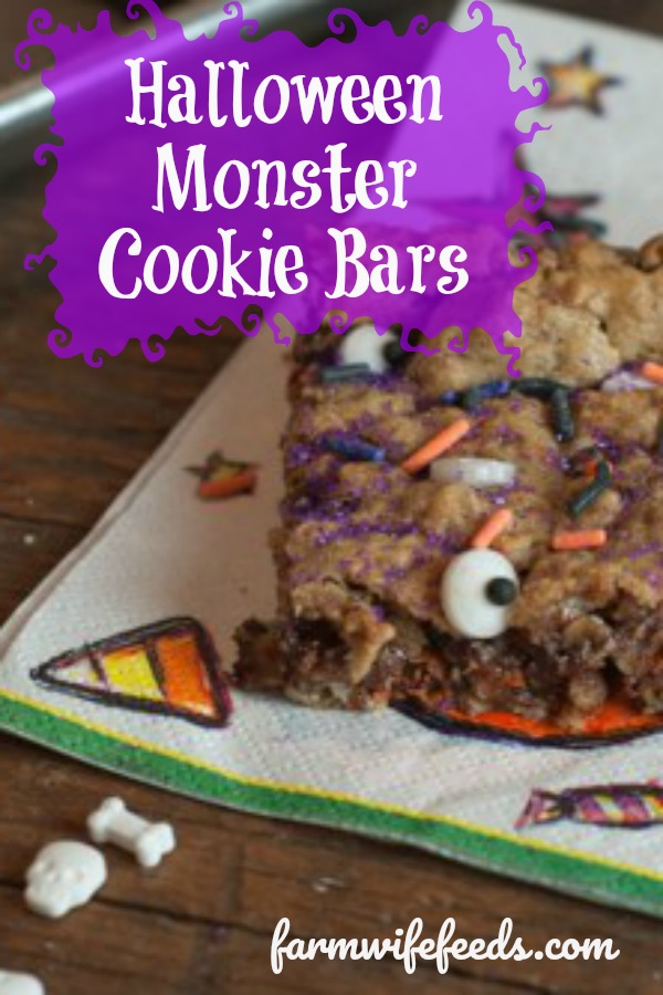 Halloween Monster Cookie Bars are a super easy treat for kids with a halloween twist for fun! Farmwife Feeds #halloween #cookiebars #treat