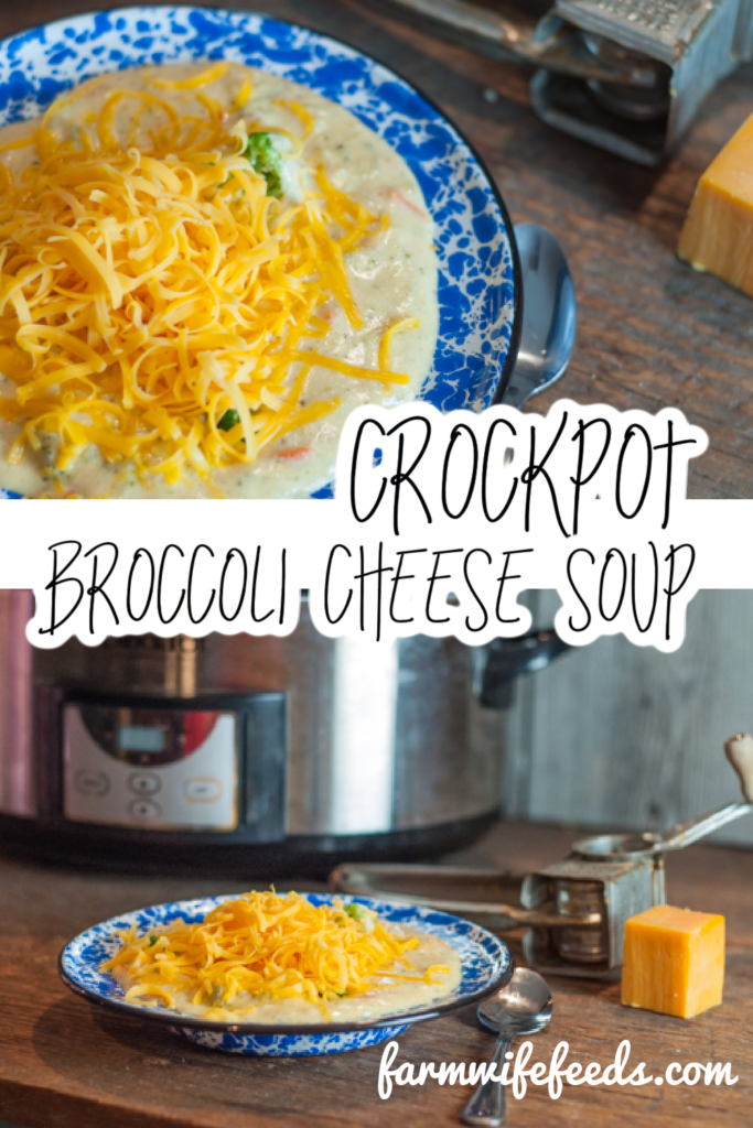 Crockpot Broccoli Cheese Soup from Farmwife Feeds has the slow cooker doing all the work, loaded with cheese and broccoli for a classic soup. #crockpot #soup #cheese