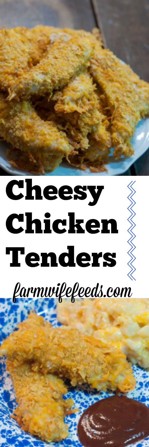 These Cheesy Chicken Tenders are a go to comfort food here! Moist with a cheesy crunchy cornflake coating!