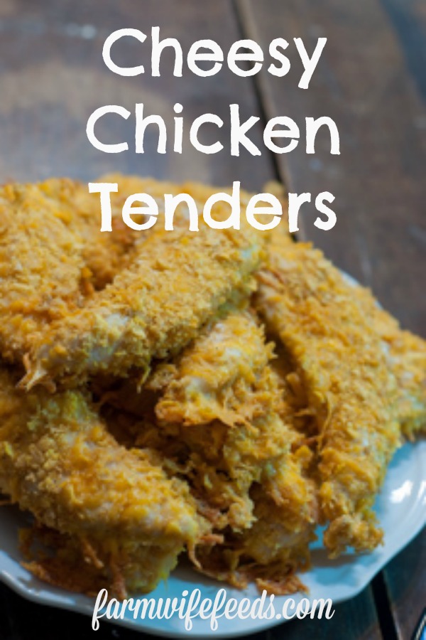 Cheesy Chicken Tenders from Farmwife Feeds are a fun take on homemade chicken nuggets using cheese. #chicken #recipe #chickentenders #cheese