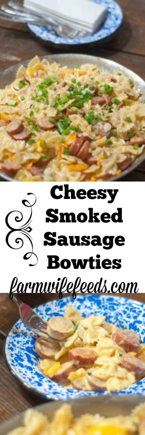 Cheesy Smoked Sausage Bowties-pasta, cheese, bell peppers, smoked sausage - a one skillet meal to feed the family!