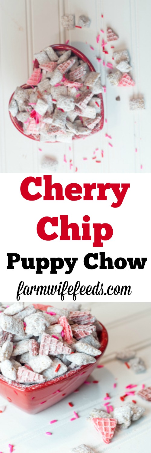 A million versions of Puppy Chow and this Cherry Chip Puppy Chow is my favorite, made with white chocolate, cherry chip cake mix and sugar wafers!