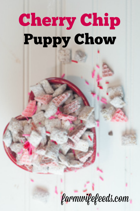 Cherry Chip Puppy Chow from Farmwife Feeds uses cherry chip cake mix and white chocolate for a sweet flavorful treat! #puppychow #valentine #recipe