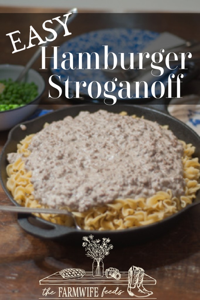 A cast iron skillet with prepared egg noodles topped with a creamy hamburger stroganoff with the words Easy Hamburger Stroganoff by Farmwife Feeds