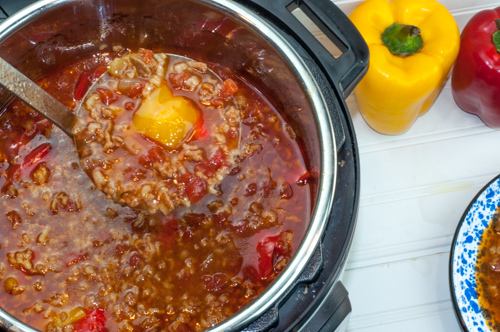 Hearty Instant Pot Stuffed Pepper Soup recipe, made totally in one pan from Farmwife Feeds