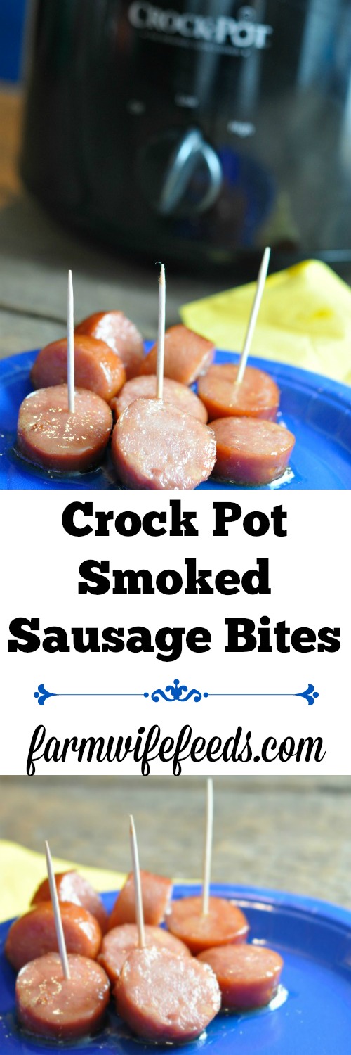 Crock Pot Smoked Sausage Bites, 3 ingredients super simple throw together recipe from Farmwife Feeds #recipe #smokedsausage #appetizer #snack