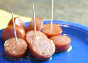 Crock Pot Smoked Sausage Bites, 3 ingredients super simple throw together recipe from Farmwife Feeds #recipe #smokedsausage #appetizer #snack