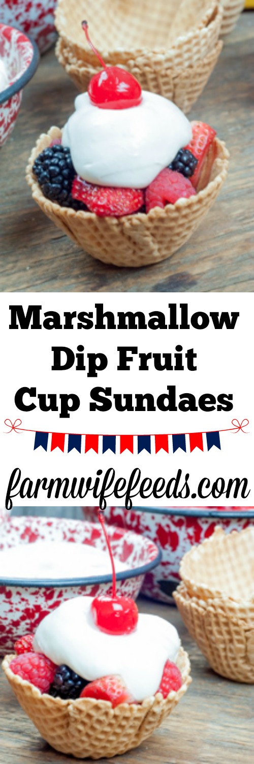 Marshmallow Dip Fruit Cup Sundaes from Farmwife Feeds made with marshmallow cream, cream cheese and fresh fruit in waffle cone bowls #sundae #sundaes #fruit #recipe