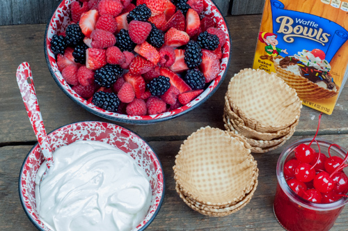 Marshmallow Dip Fruit Cup Sundaes from Farmwife Feeds made with marshmallow cream, cream cheese and fresh fruit in waffle cone bowls #sundae #sundaes #fruit #recipe