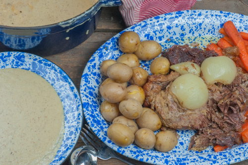 Traditional Beef Pot Roast Dinner, Yankee Pot Roast, New England Pot Roast - beef roast, potatoes, carrots, onions in the oven Farmwife Feeds Recipes #recipes #beef #roast