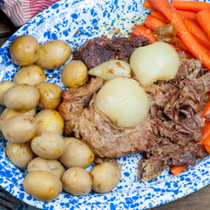 Traditional Beef Pot Roast Dinner, Yankee Pot Roast, New England Pot Roast - beef roast, potatoes, carrots, onions in the oven Farmwife Feeds Recipes #recipes #beef #roast