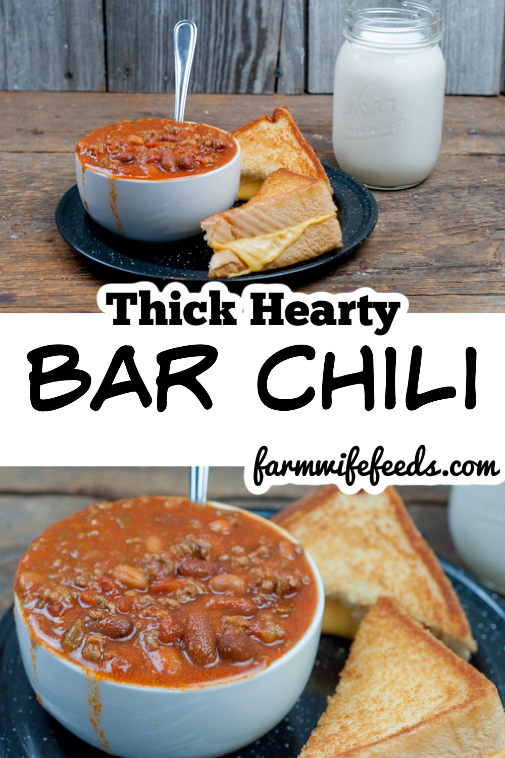 Thick Hearty Bar Chili from Farmwife Feeds. Loaded with ground beef and beans its' a crowd pleaser on cold winter days. #chili #beef #groundbeef