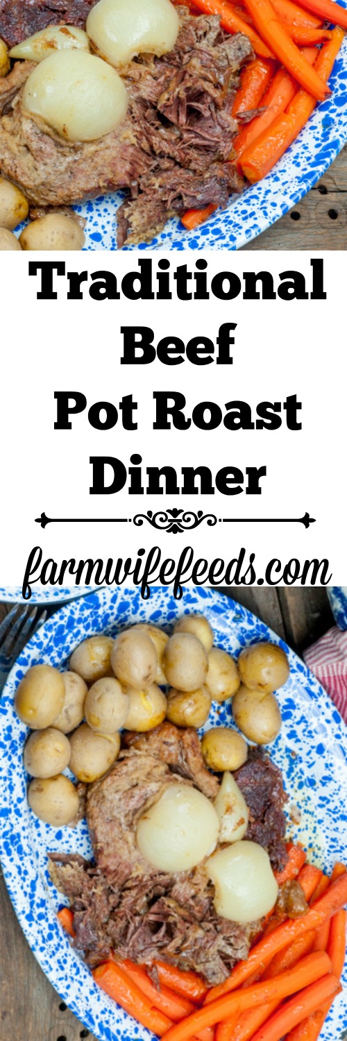 Traditional Beef Pot Roast Dinner, Yankee Pot Roast, New England Pot Roast - beef roast, potatoes, carrots, onions in the oven Farmwife Feeds Recipes #recipes #beef #roast