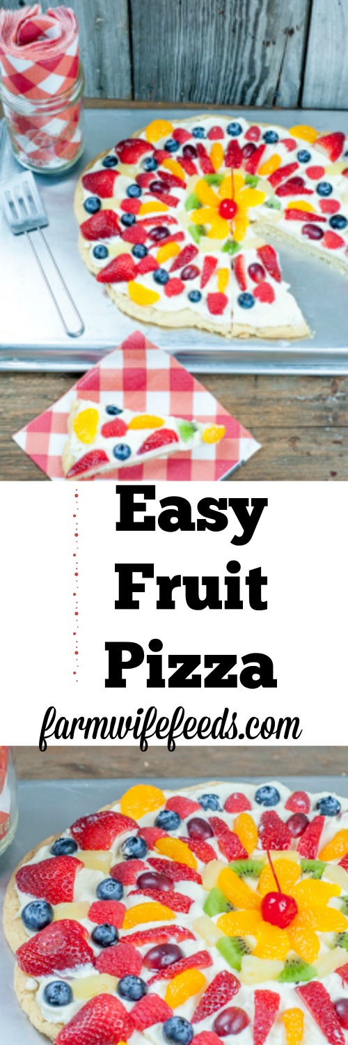 Easy Fruit Pizza made with sugar cookie dough, cream cheese, fresh fruit - great for picnics, snacks and pitch-ins from Farmwife Feeds