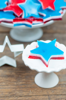 A close-up of a red, white, and blue layered Jello star on a mini cake stand with a full plate of Jello stars in the background, perfect for patriotic celebrations.