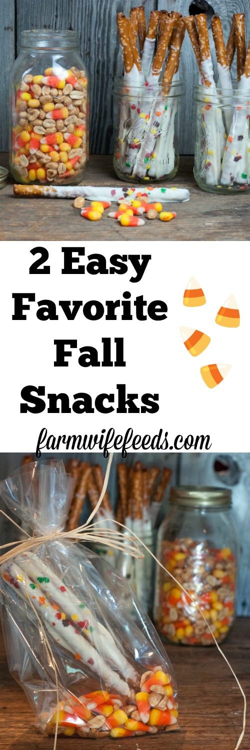 Candy Corn and Peanuts, Chocolate Covered Pretzel Sticks - Easy Fall Favorite Snacks #candycorn #recipes #farmwifefeeds #fall #snacks