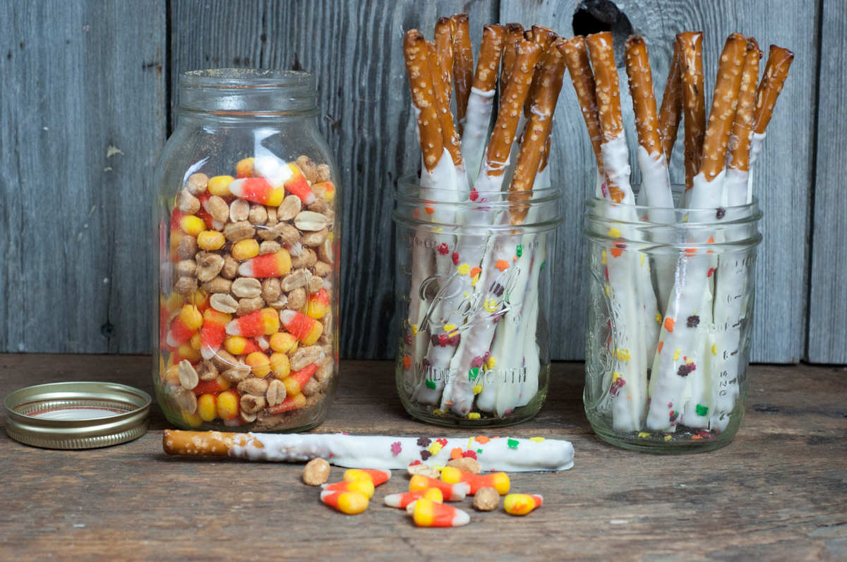 Candy Corn and Peanuts, Chocolate Covered Pretzel Sticks - Easy Fall Favorite Snacks #candycorn #recipes #farmwifefeeds #fall #snacks