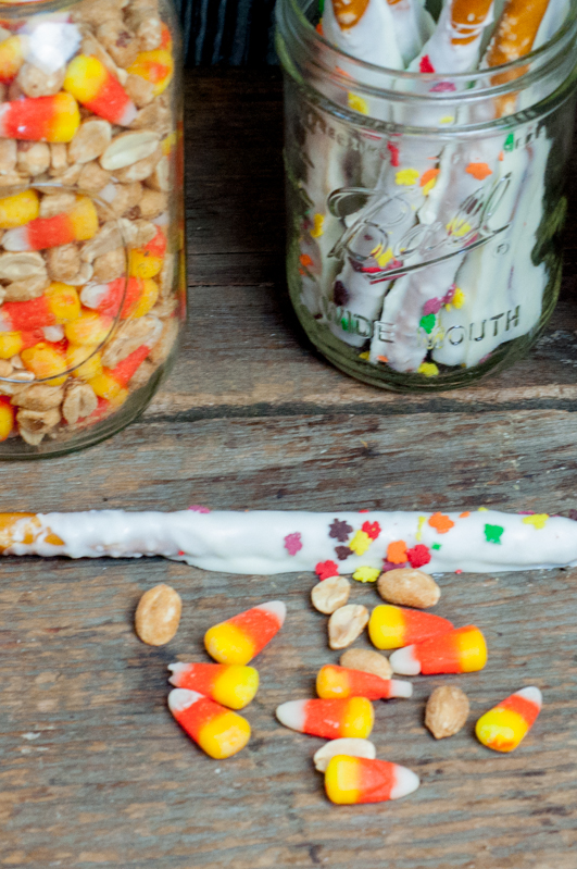 Candy Corn and Peanuts, Chocolate Covered Pretzel Sticks - Easy Fall Favorite Snacks #candycorn #recipes #farmwifefeeds #fall #snacks