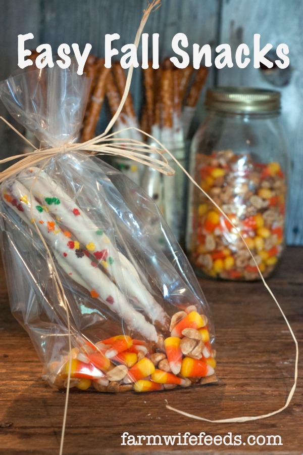 2 fun easy fall snacks from Farmwife Feeds, super easy to make and kids will love them. #fall #snacks #halloween #candycorn #pretzels