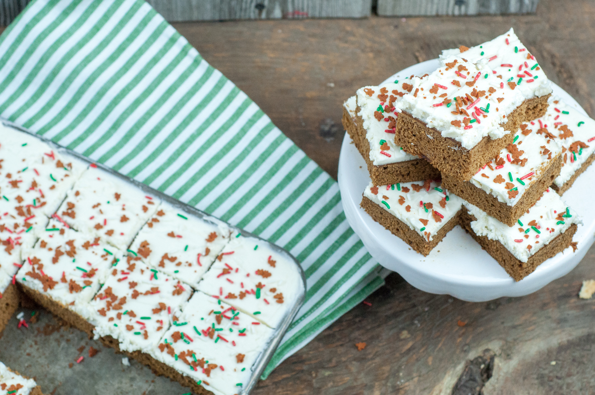 Gingerbread Bars with Cream Cheese Icing from Farmwife Feeds is a bar take on classic Christmas gingerbread flavors. #gingerbread #recipe #creamcheese #christmas
