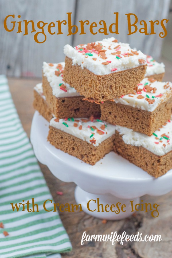 Gingerbread Bars with Cream Cheese Icing from Farmwife Feeds is a bar take on classic Christmas gingerbread flavors. #gingerbread #recipe #creamcheese #christmas