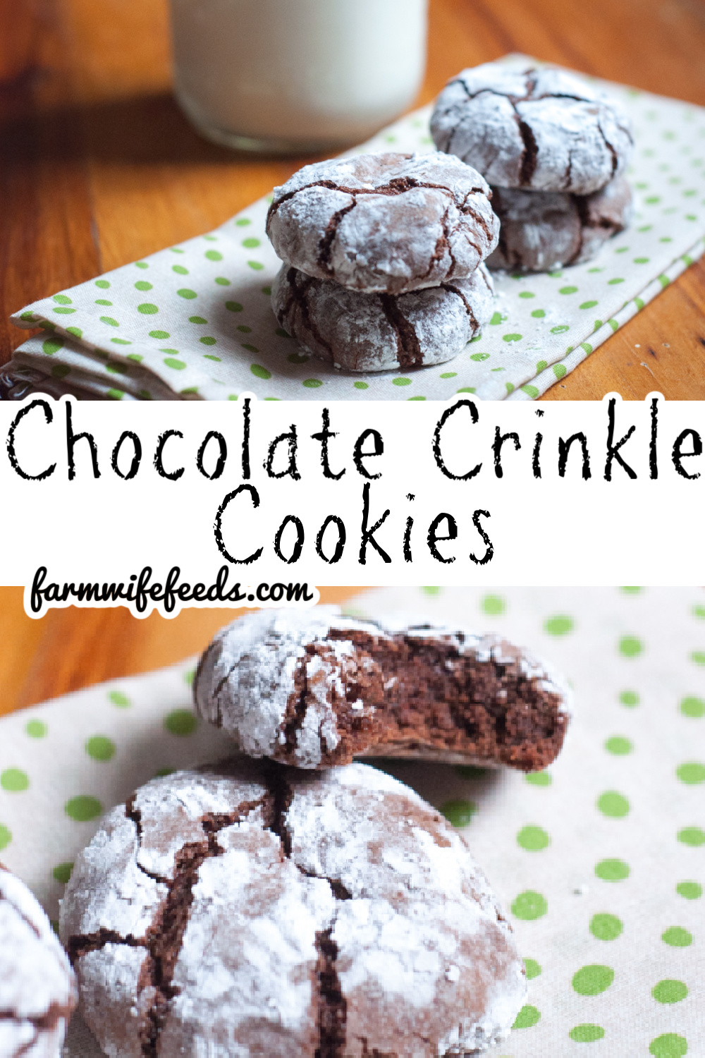 Chocolate Crinkle Cookies from Farmwife Feeds are soft and fudgy on the inside and brownie on the outside covered in powdered sugar! #recipe #cookies #chocolate