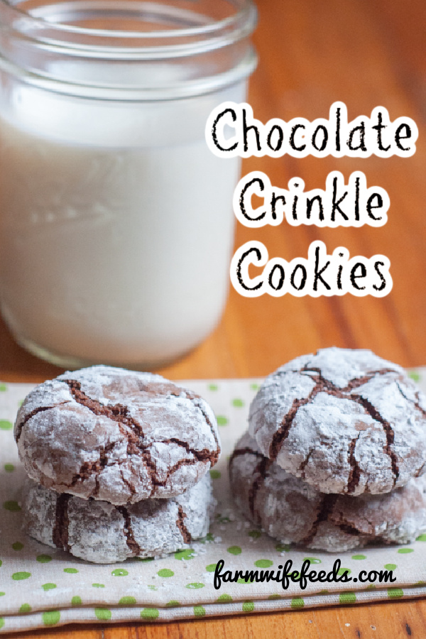 Chocolate Crinkle Cookies from Farmwife Feeds are soft and fudgy on the inside and brownie on the outside covered in powdered sugar! #recipe #cookies #chocolate