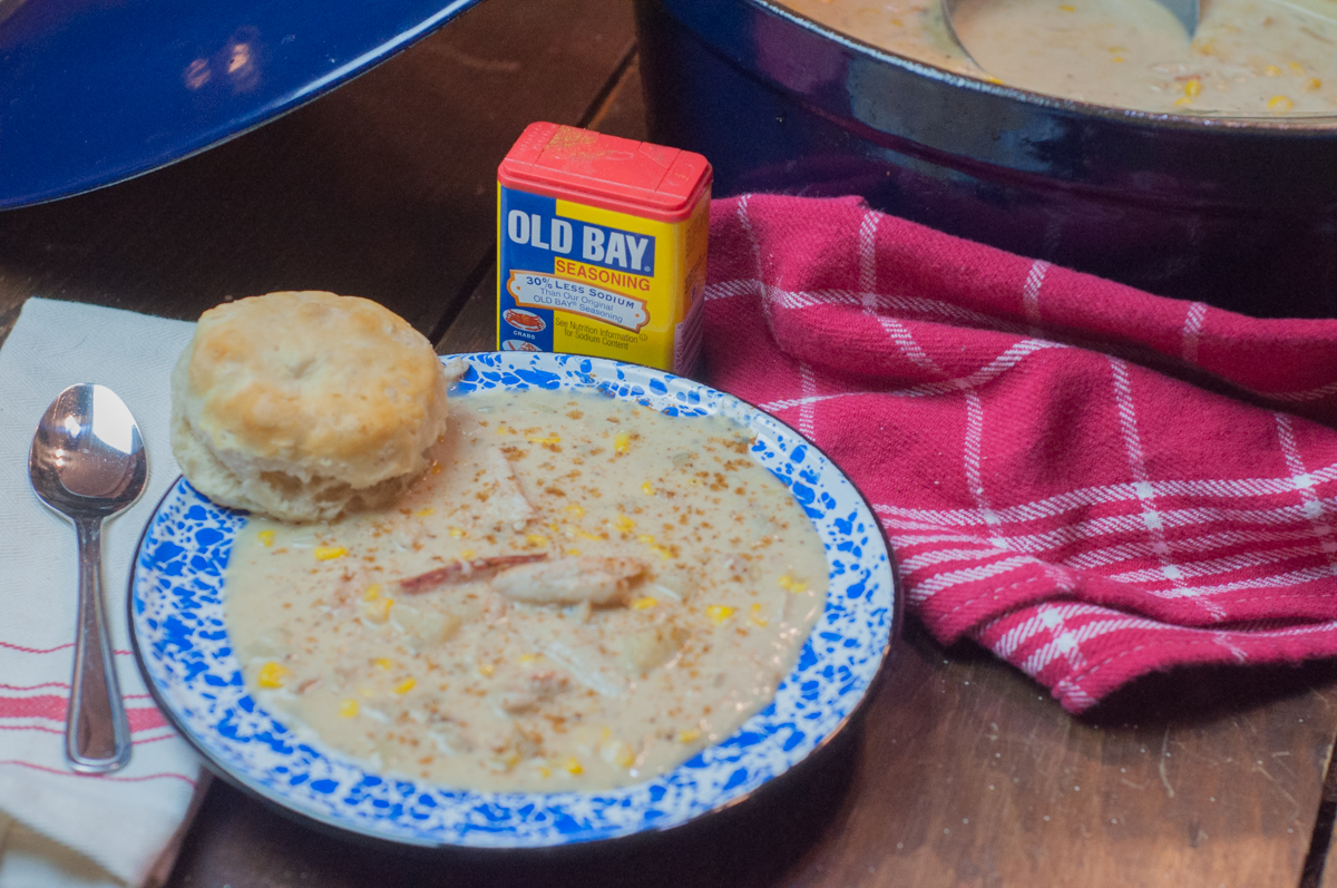 Corn and Crab Chowder from Farmwife Feeds is a hearty soup. #chowder #soup #crab #recipe
