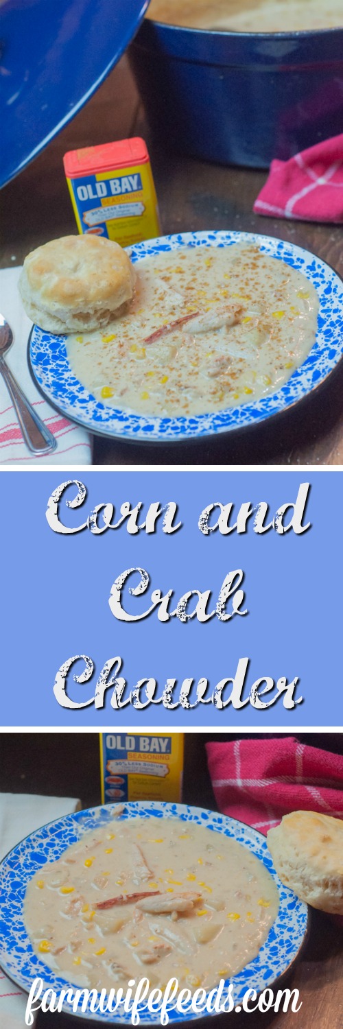 Corn and Crab Chowder from Farmwife Feeds is a hearty soup. #chowder #soup #crab #recipe