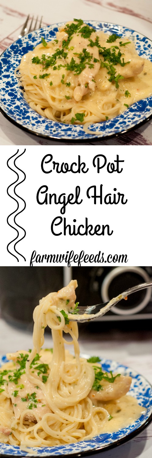 Crock Pot Angel Hair Chicken from Farmwife Feeds is a super easy way to satisfy the whole family. #recipes #chicken #pasta #crockpot
