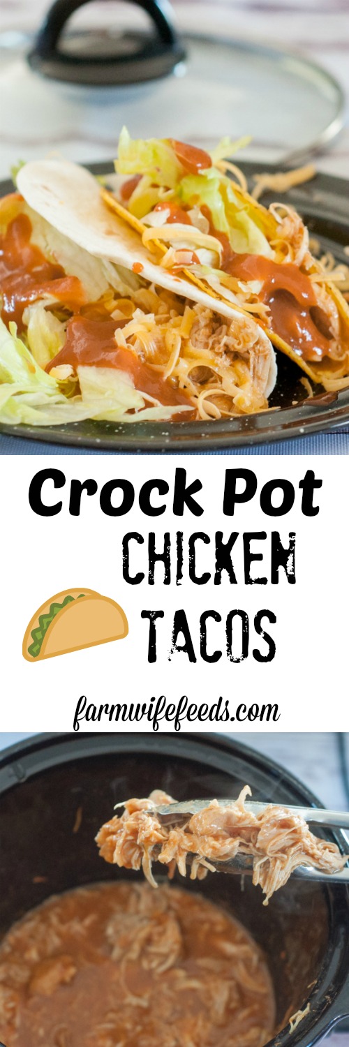 Crock Pot Chicken Tacos from Farmwife Feeds is super easy meal when you forgot to plan or as part of the plan! #chicken #crockpot #mexican