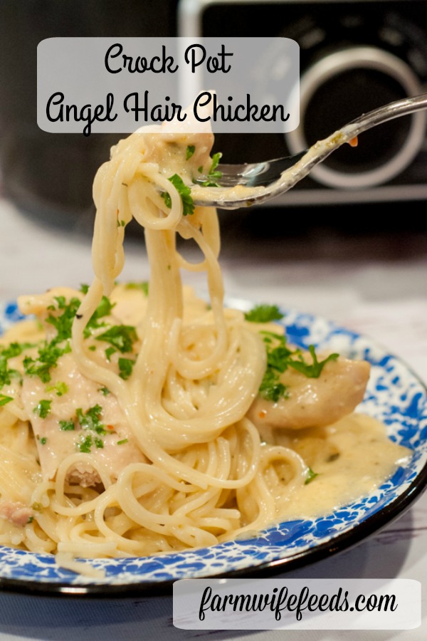 Crock Pot Angel Hair Chicken from Farmwife Feeds is a super easy way to satisfy the whole family. #recipes #chicken #pasta #crockpot