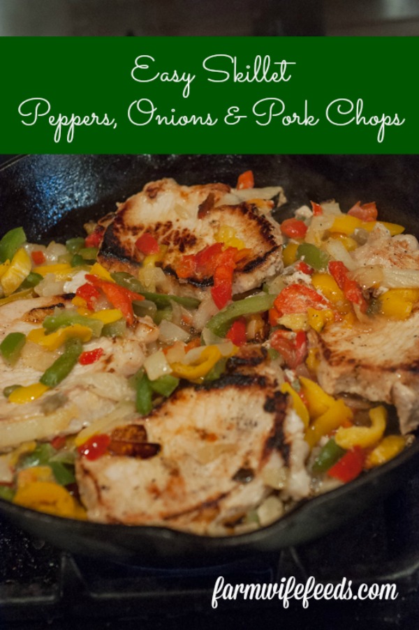 Easy Skillet Peppers, Onions and Pork Chops from Farmwife Feeds is an easy meal using frozen pepper and onion mix and boneless pork chops. #pork #recipe #porkchops