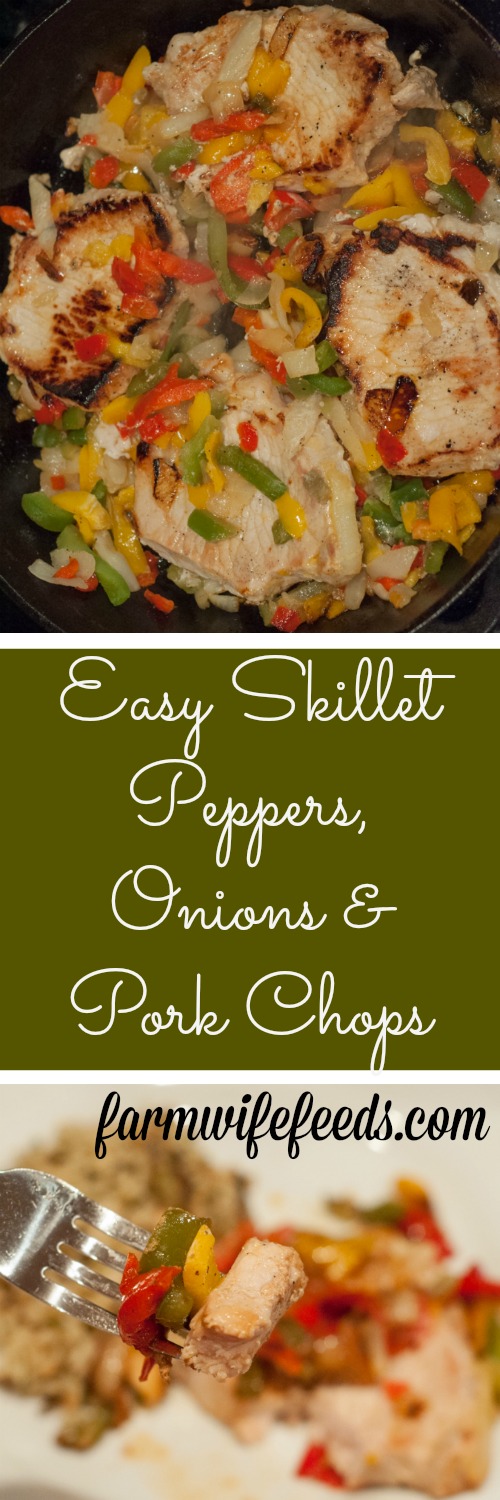 Easy Skillet Peppers, Onions and Pork Chops from Farmwife Feeds is an easy meal using frozen pepper and onion mix and boneless pork chops. #pork #recipe #porkchops