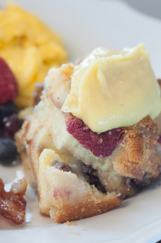 Mickey's Breakfast Lasagna from Farmwife Feeds, a bread pudding made with pancakes and pound cake, fresh berries, sweet custard and pastry cream.
