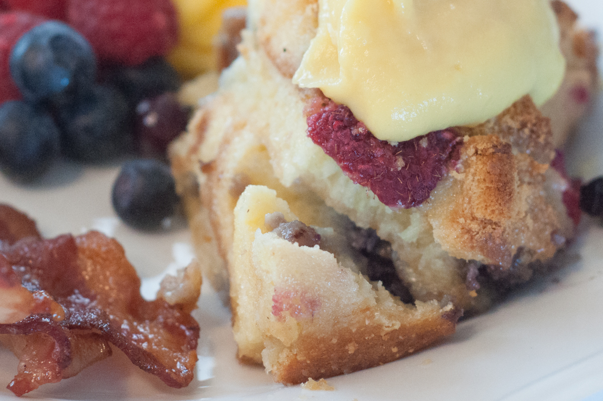 Mickey's Breakfast Lasagna from Farmwife Feeds, a bread pudding made with pancakes and pound cake, fresh berries, sweet custard and pastry cream.