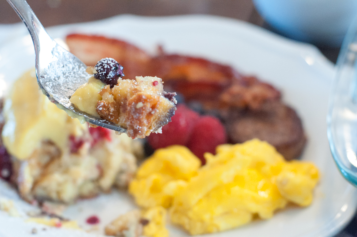 Mickey's Breakfast Lasagna from Farmwife Feeds, a bread pudding made with pancakes and pound cake, fresh berries, sweet custard and pastry cream.