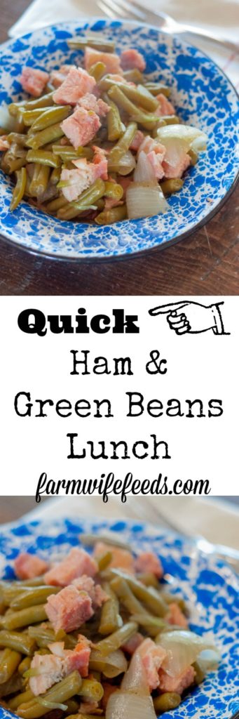 Quick Ham and Green Beans Lunch from Farmwife Feeds is a super simple good for you one pot meal that's heat and eat! #ham #greenbeans #onepot #glutenfree