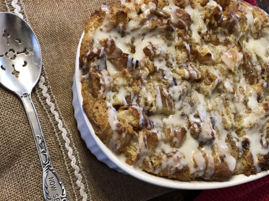 Cinnamon Roll Bread Pudding from Farmwife Feeds is a sweet breakfast treat, a delicious dessert served with ice cream or a great afternoon snack. #cinnamonrolls #recipe #dessert #breakfast #snack