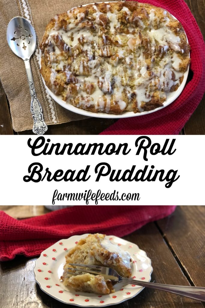 Cinnamon Roll Bread Pudding from Farmwife Feeds is a sweet breakfast treat, a delicious dessert served with ice cream or a great afternoon snack. #cinnamonrolls #recipe #dessert #breakfast #snack